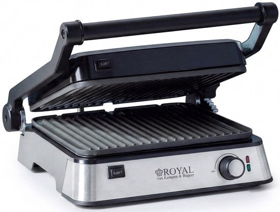 Royal Van Kempen contactgrill met geopende geribbelde grillplaten, roestvrijstalen voetstuk met het ROYAL van Kempen & Begeer-logo en een thermostaatknop met rood en groen lampje, op een witte achtergrond.