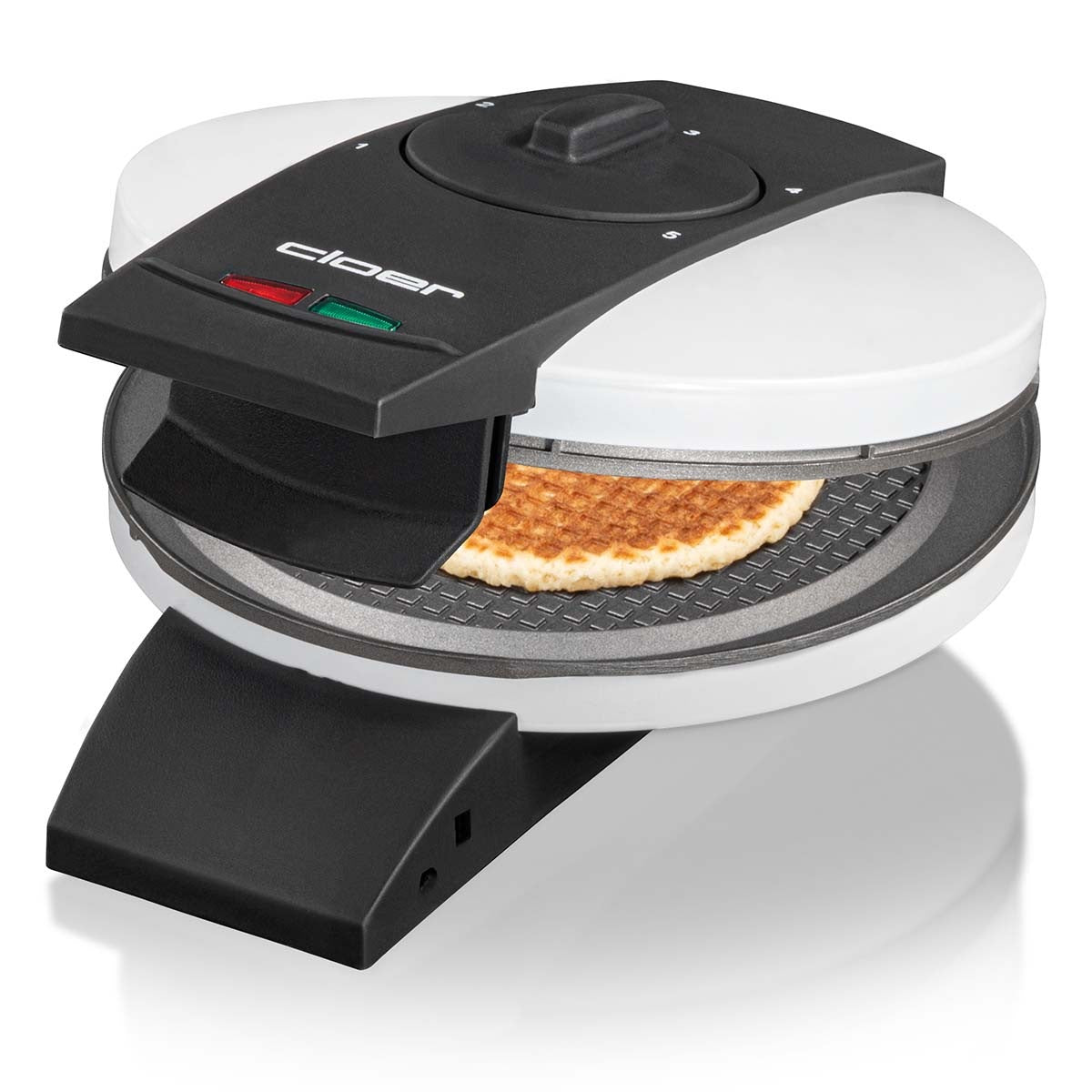 Cloer Stroopwafelijzer wit half geopend met een gebakken wafel op de bakplaat