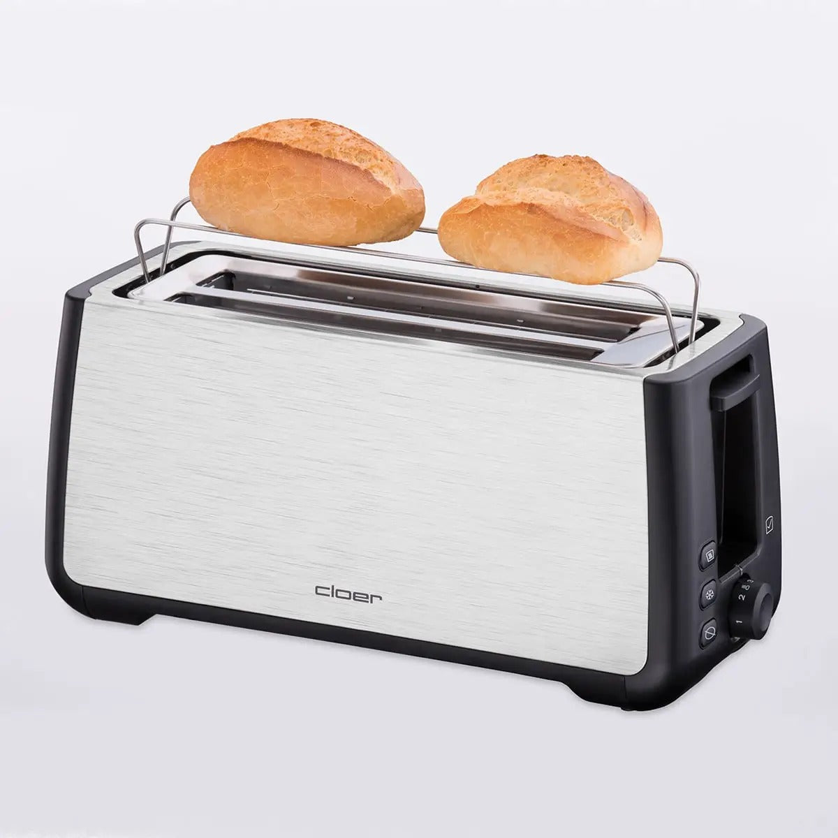 Cloer Broodrooster XXL 4 sneetjes met twee broodjes op het opwarmrek, geborsteld RVS met zwarte zijkanten