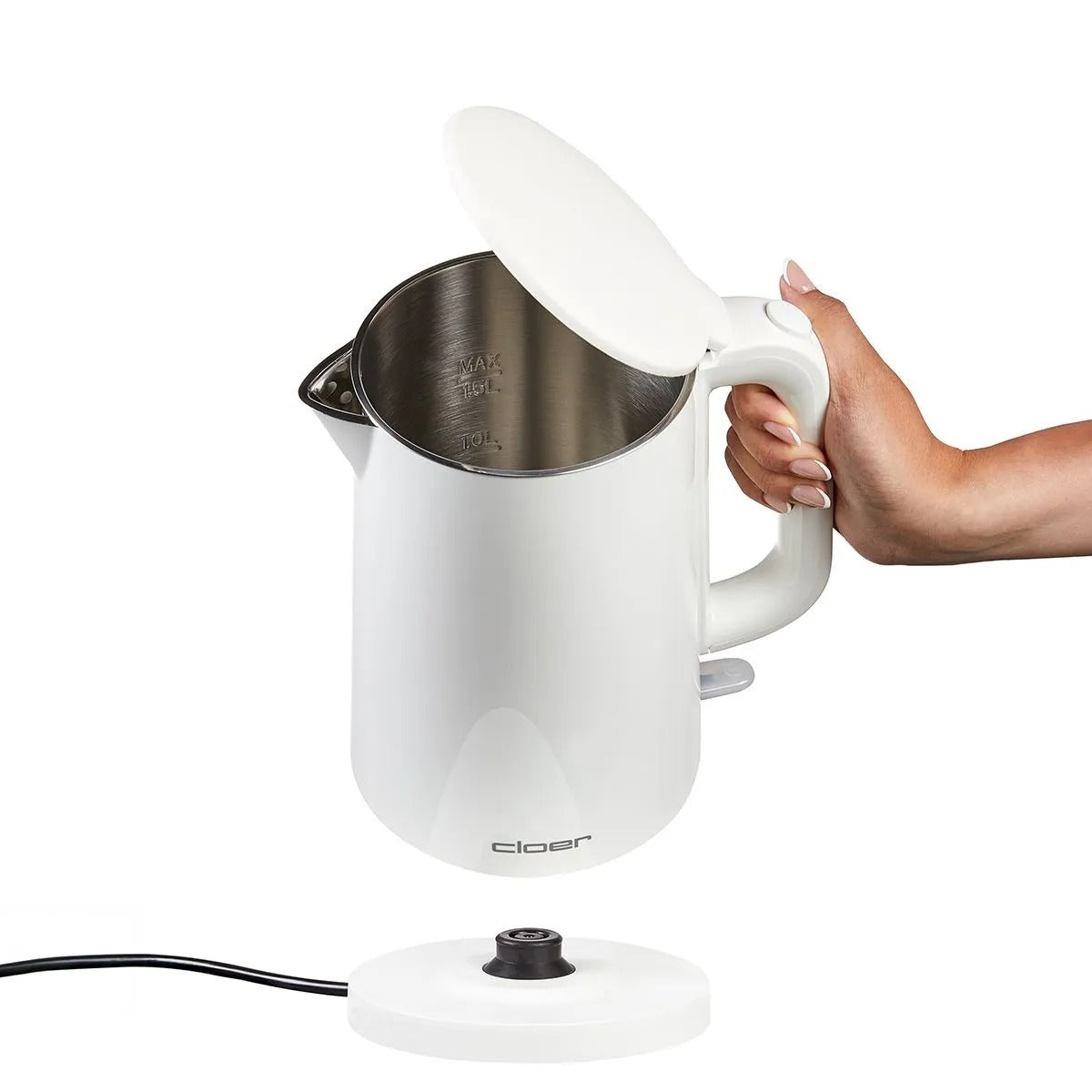 Cloer Waterkoker Dubbelwandig 1,5 liter (wit) met geopend deksel, RVS-binnenkant met literaanduiding en losse voet