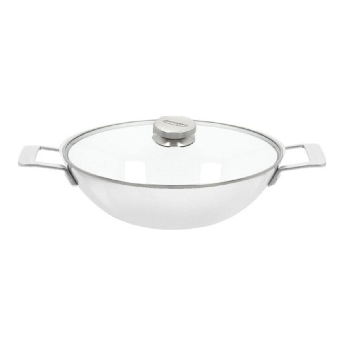 Demeyere Industry 5 Wokpan 2 Grepen met Glazen Deksel - 30 cm op witte achtergrond