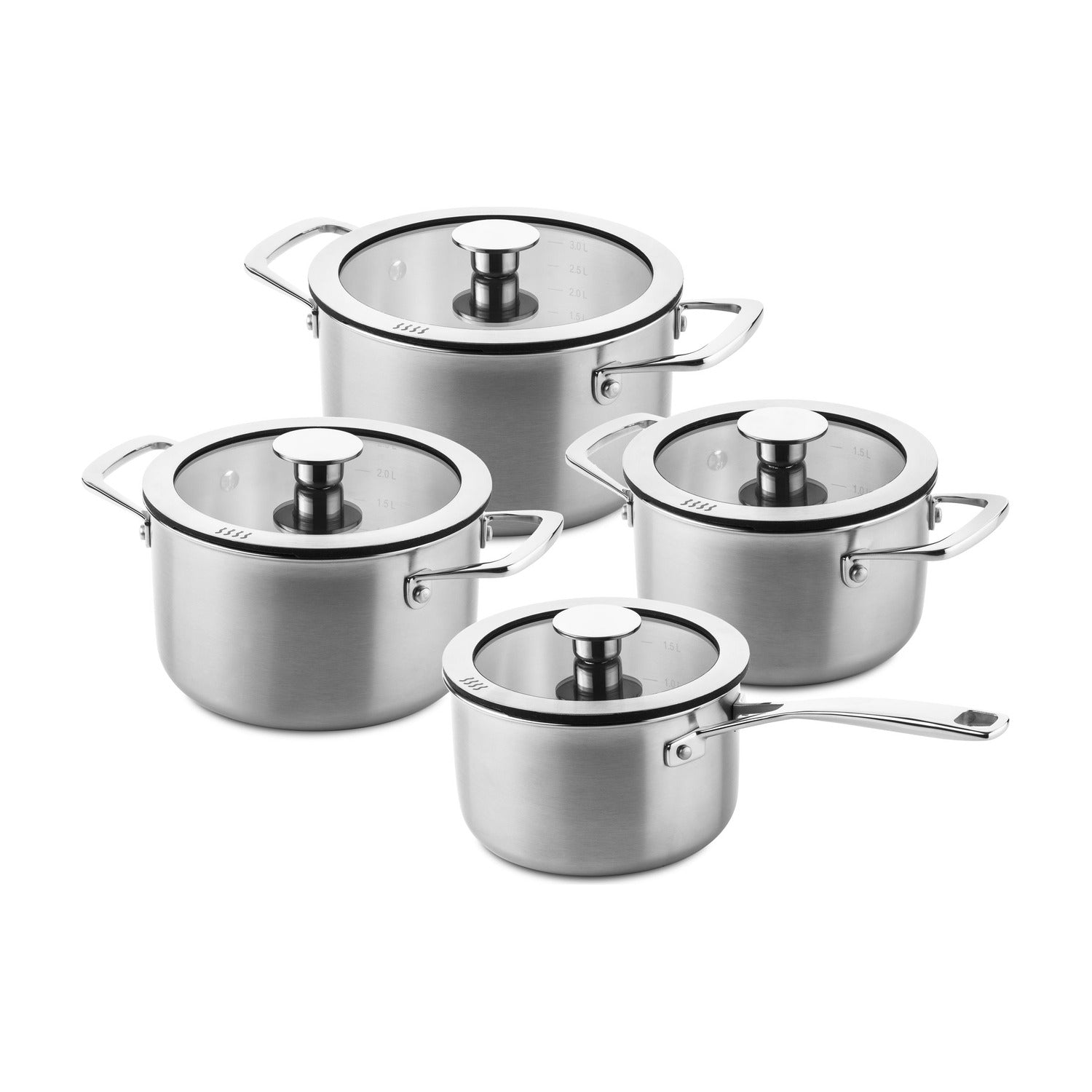 Ducq Downdraft Pannenset 3-laags 4-delig op witte achtergrond