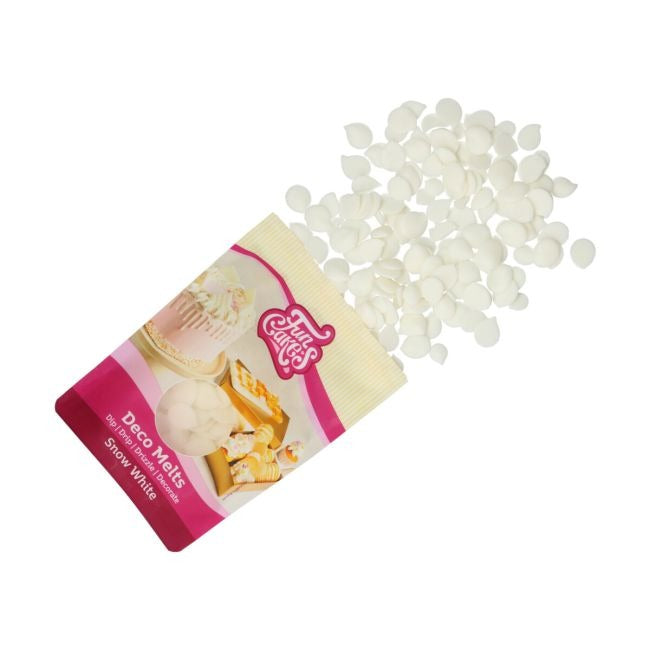 Open zak Deco Melts met witte chocoladedruppels ernaast