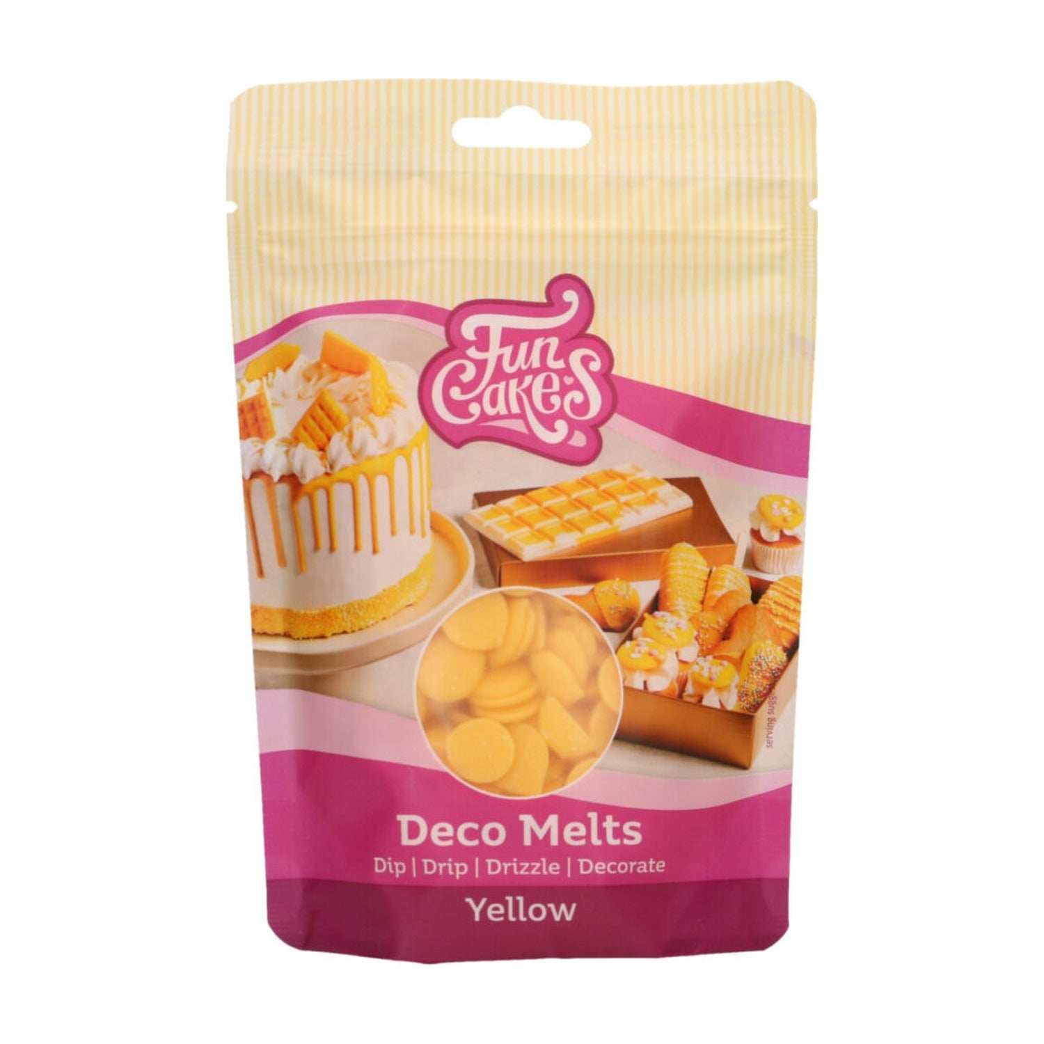 FunCakes Deco Melts Geel - 250 gram op witte achtergrond