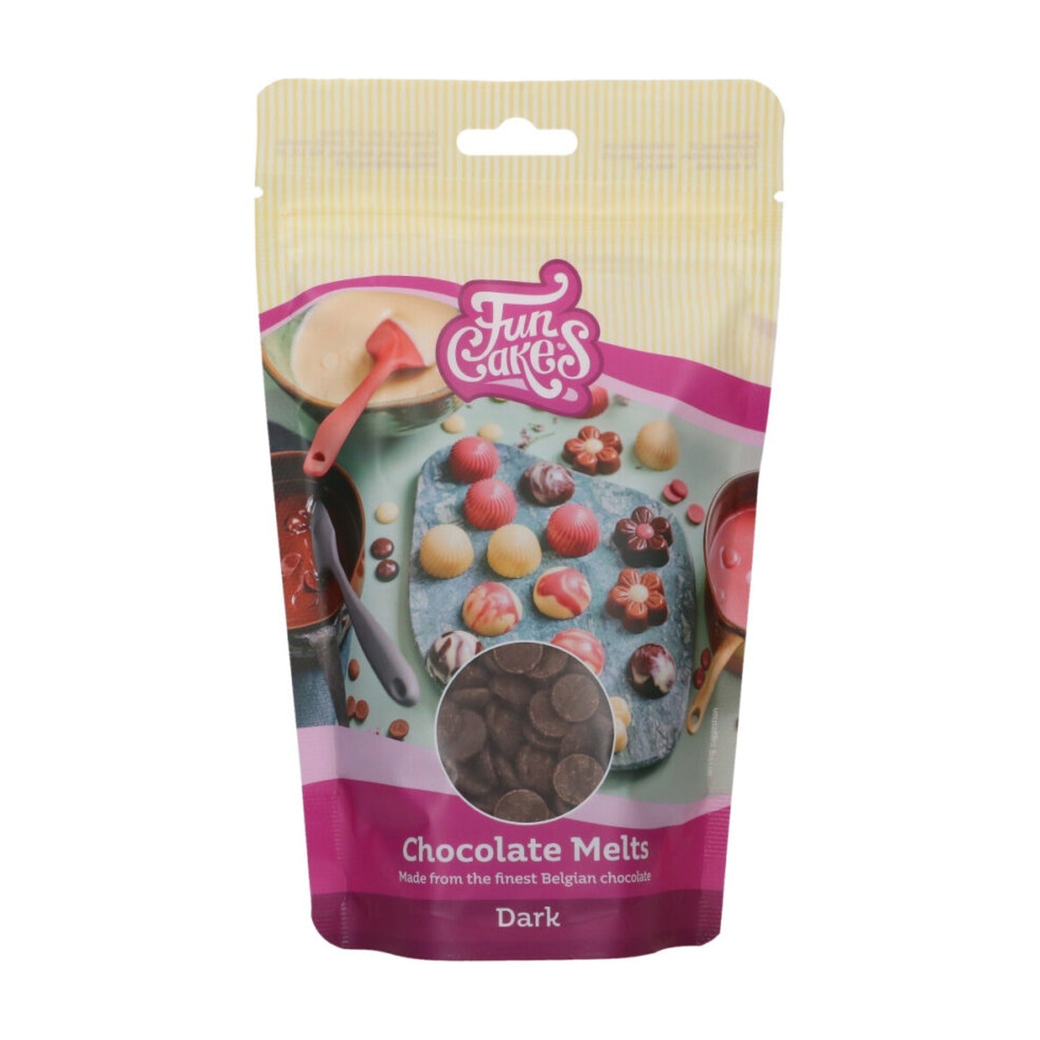 FunCakes Chocolade Melts Puur - 350 gram op witte achtergrond
