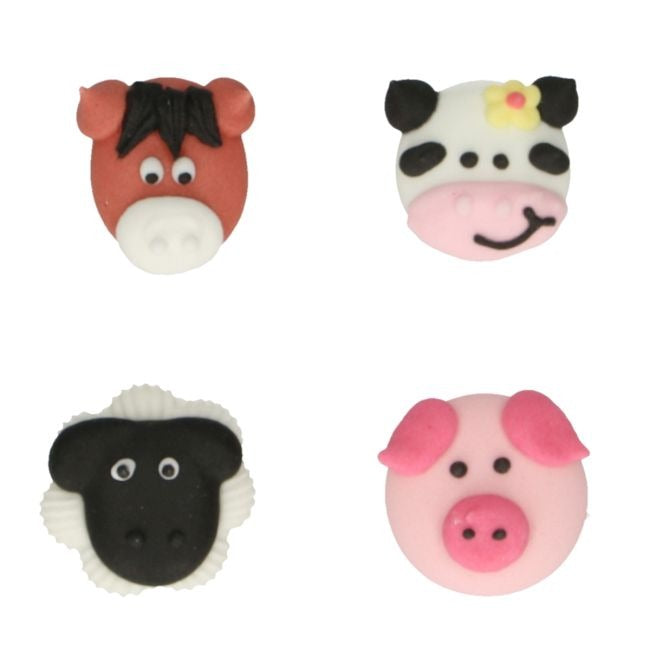 Suikerdecoraties van boerderijdieren: paard, koe, schaap en varken