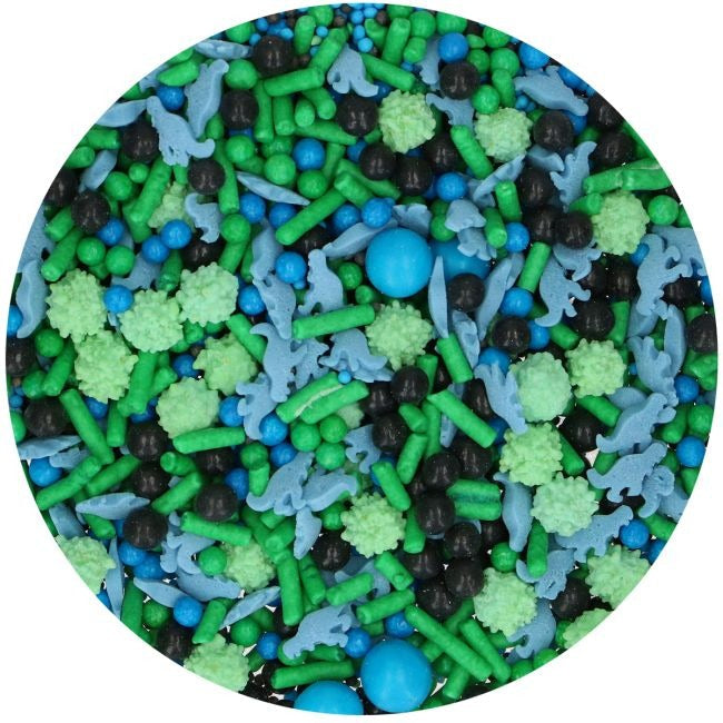 Close-up van sprinkelmix met dinosaurusvormen in blauw, groen en zwart