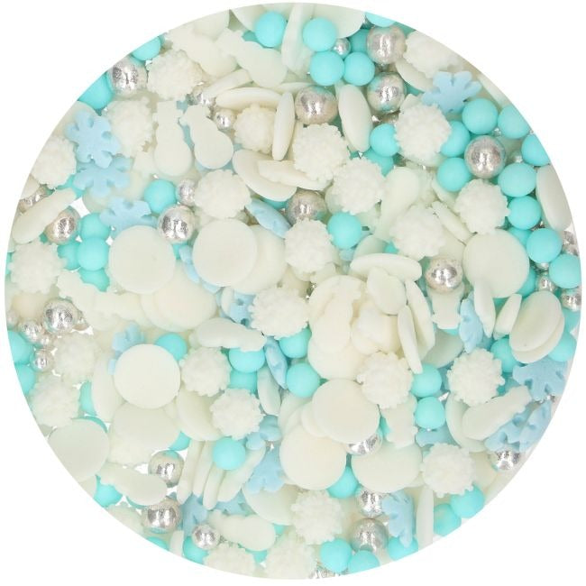 Sprinkle mix met witte, mintblauwe en zilveren winterdecoraties zoals sneeuwvlokjes en parels, los uitgestrooid