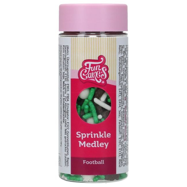Pot Sprinkle Medley Football met sprinkles in groen, wit en zwart
