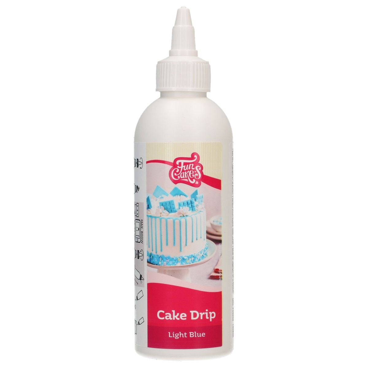 Fles FunCakes Cake Drip Light Blue met afbeelding van een taart met blauwe drip