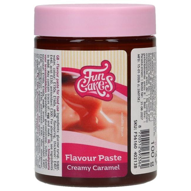 Potje Flavour Paste Creamy Caramel met roze deksel, zijaanzicht van het etiket