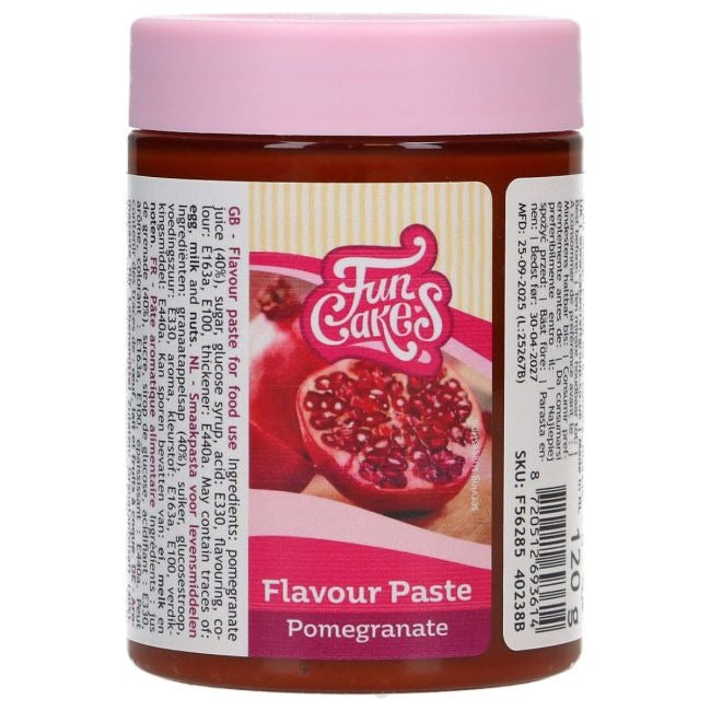 Potje Flavour Paste Pomegranate met roze deksel en een granaatappel op het etiket