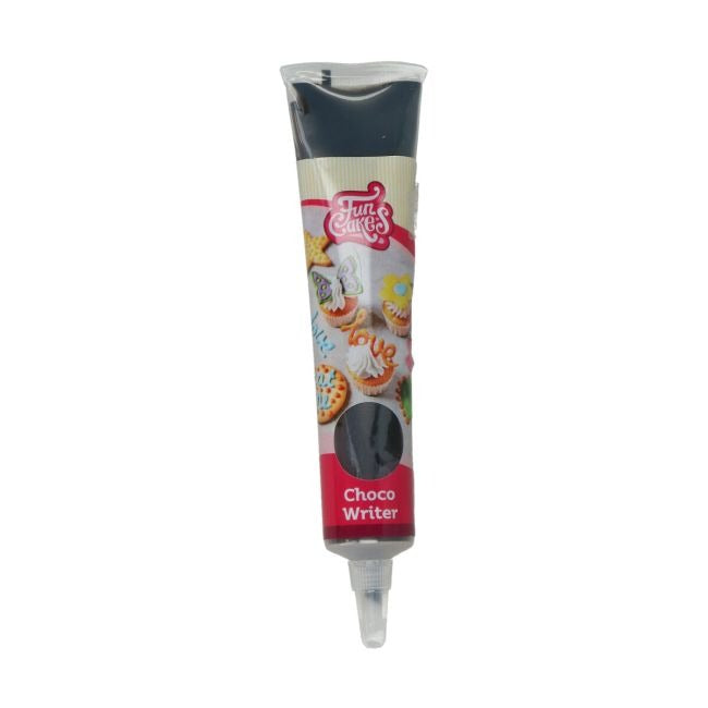 Tube schrijfglazuur in zwart met versierde cupcakes en koekjes op etiket