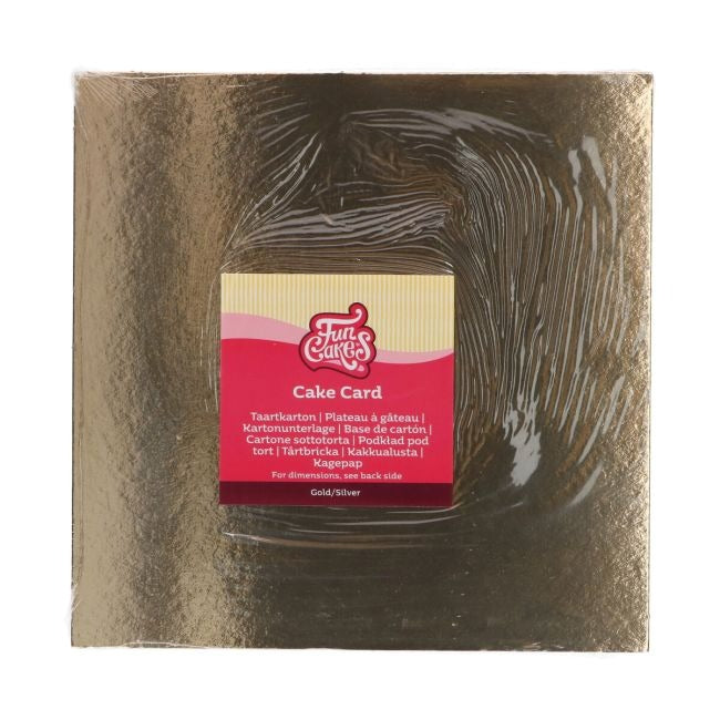 Vierkant gouden taartkarton verpakt met FunCakes productlabel