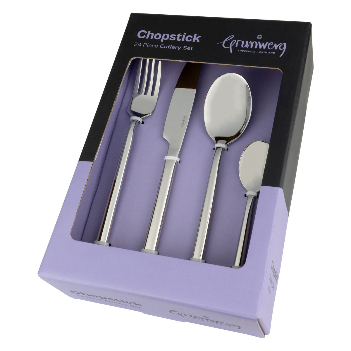 Chopstick bestekset in zwarte en lila doos met kijkvenster, met vork, mes, lepel en theelepel vastgezet in de verpakking