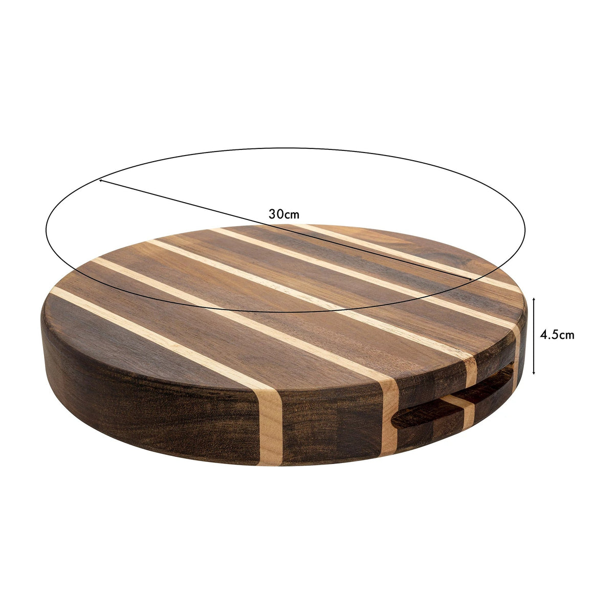 Rond gestreept snijblok met maatlijnen die een doorsnede van 30 cm en een dikte van 4,5 cm aangeven