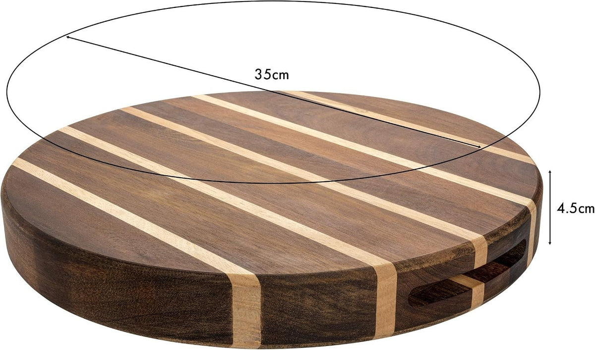 Rond gestreept snijblok met maatlijnen die een doorsnede van 35 cm en een dikte van 4,5 cm aangeven