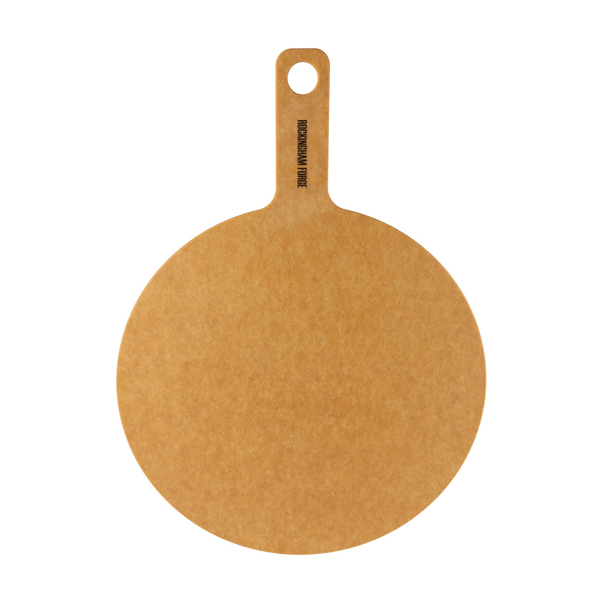 Ronde naturel vezelhouten plank met kort handvat, gat in het handvat en zwarte opdruk Rockingham Forge, bovenaanzicht van de grotere variant