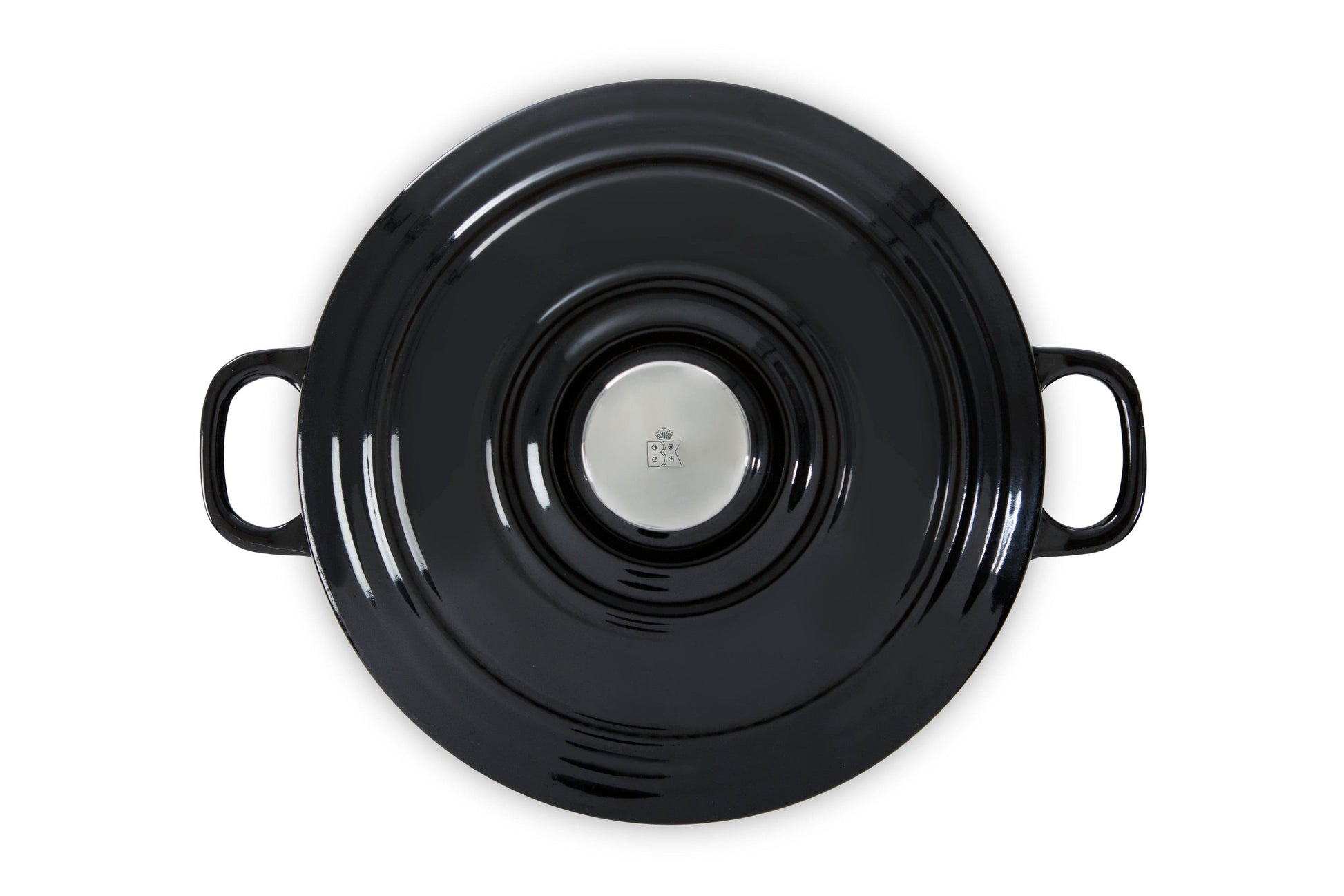 Bovenaanzicht van de zwarte deksel van de BK Bourgogne braadpan met RVS knop