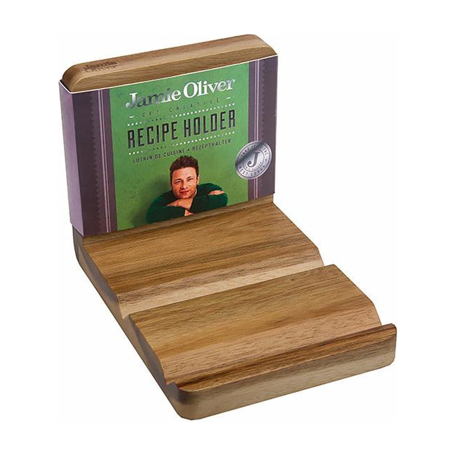 Jamie Oliver Kookboekstandaard en Tablethouder - Acacia op witte achtergrond
