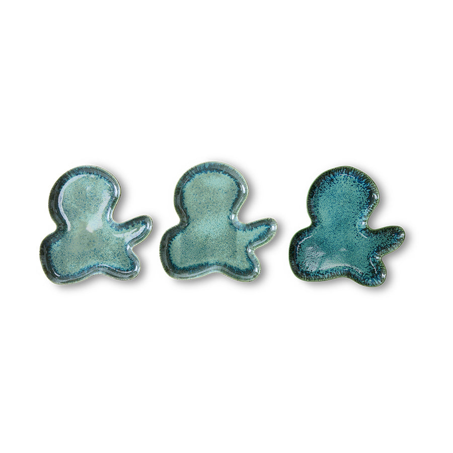HKLiving Shell Bord Teal in drie kleinere formaten naast elkaar