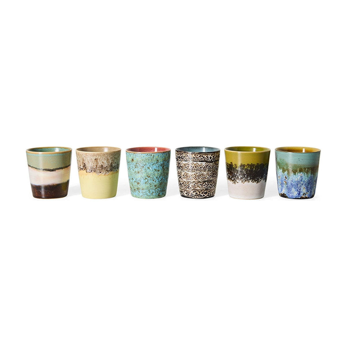 HKLiving 70's Koffiemokken set van 6 - Indulge op witte achtergrond