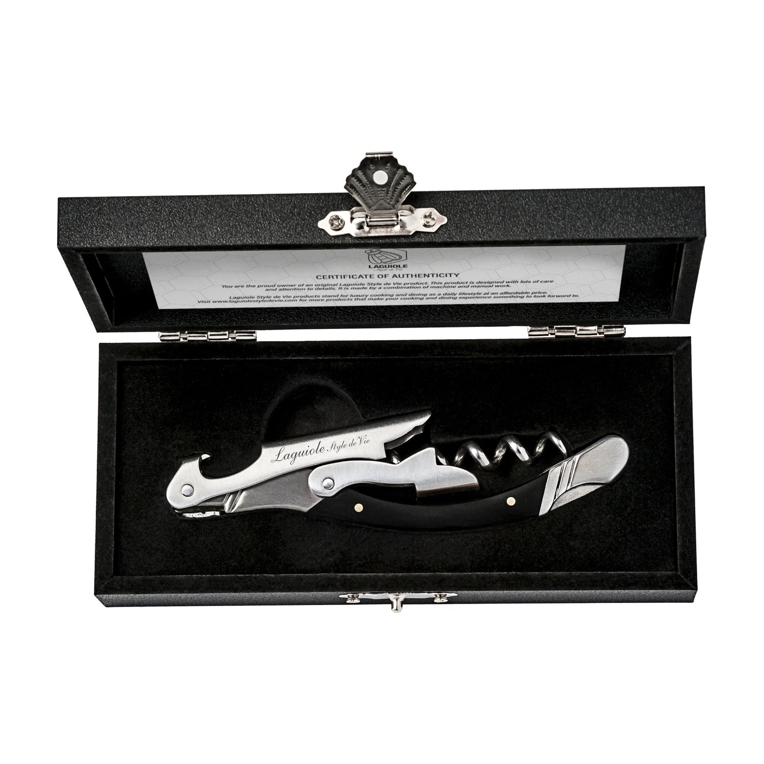 Laguiole Style de Vie Luxury Line Kurkentrekker - Zwart Hout op witte achtergrond