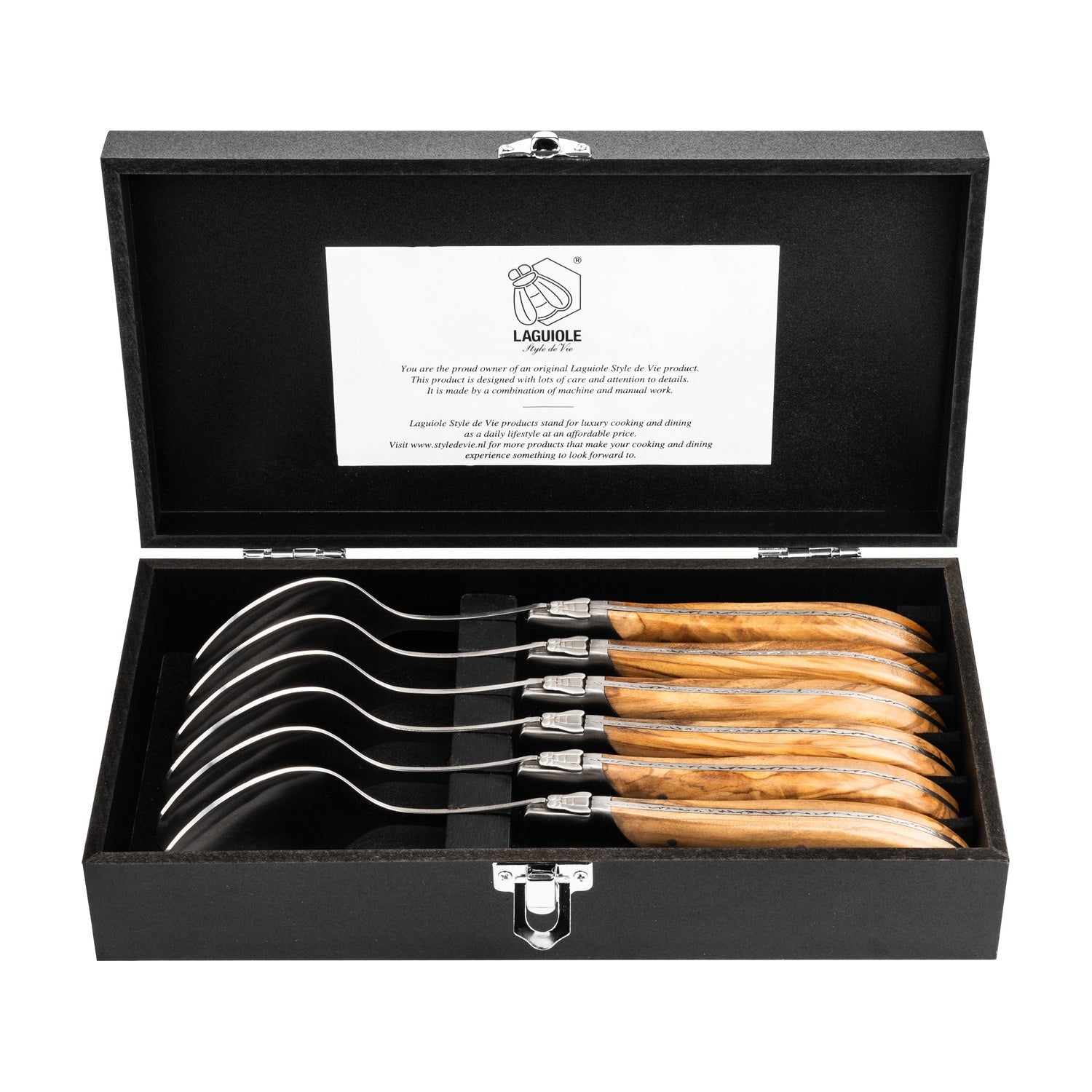 Laguiole Style de Vie Luxury Line Lepels 6-delig - Olijfhout op witte achtergrond