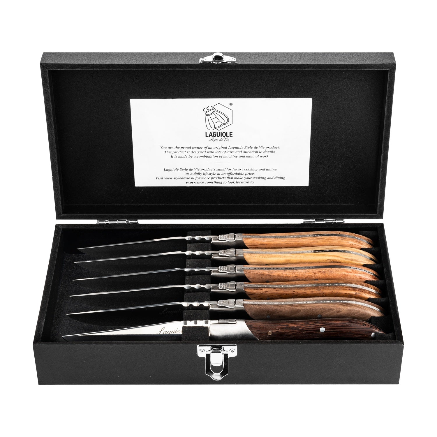 Laguiole Style de Vie Luxury Line Steakmessen 6-delig - Gemengd Hout op witte achtergrond