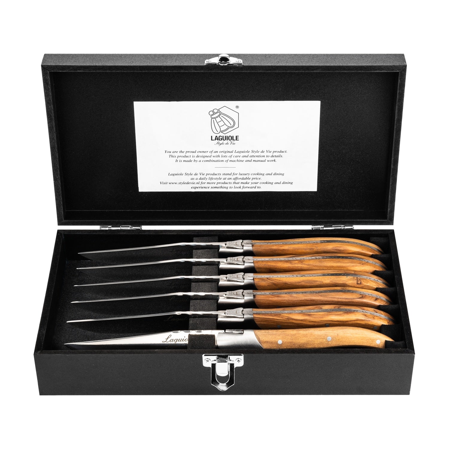 Laguiole Style de Vie Luxury Line Steakmessen 6-delig - Olijfhout op witte achtergrond
