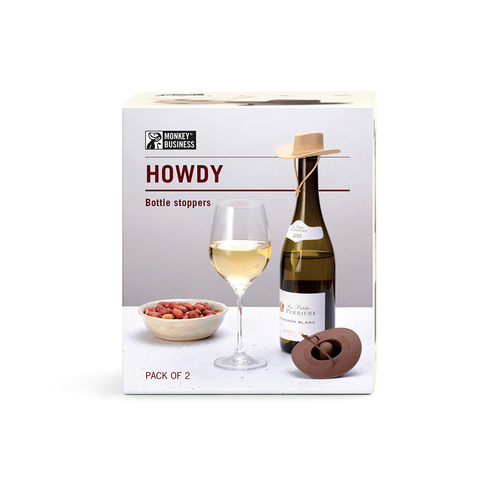 Verpakking van Howdy met de tekst Pack of 2 en een fles met cowboyhoed-stopper op de afbeelding