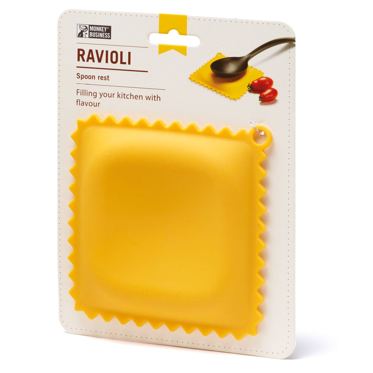 Verpakking van de Ravioli lepelhouder op een kaart met de tekst Spoon rest