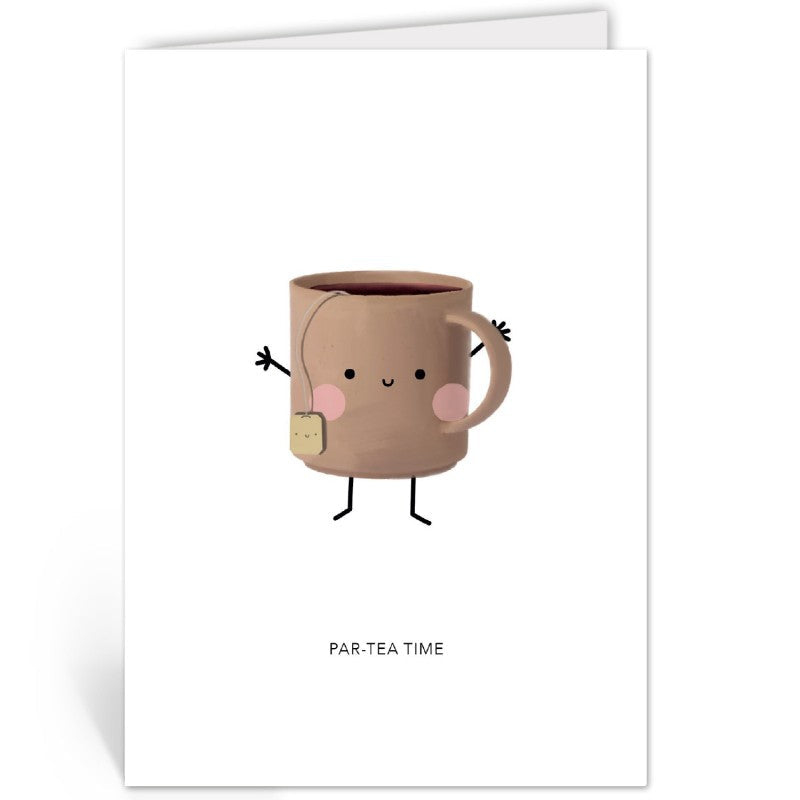 Opengeslagen verticale wenskaart met een theemok met theezakje en de tekst 'Par-tea time' eronder.