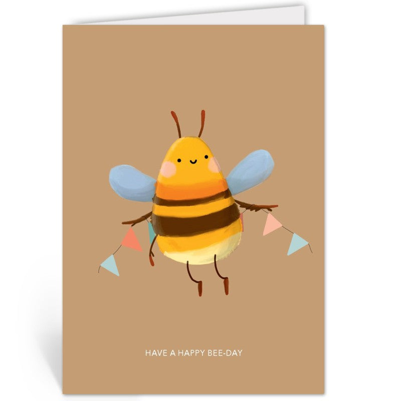 Opengeslagen verjaardagskaart met een bij met blauwe vleugels en de tekst 'Have a happy bee-day' onderaan.