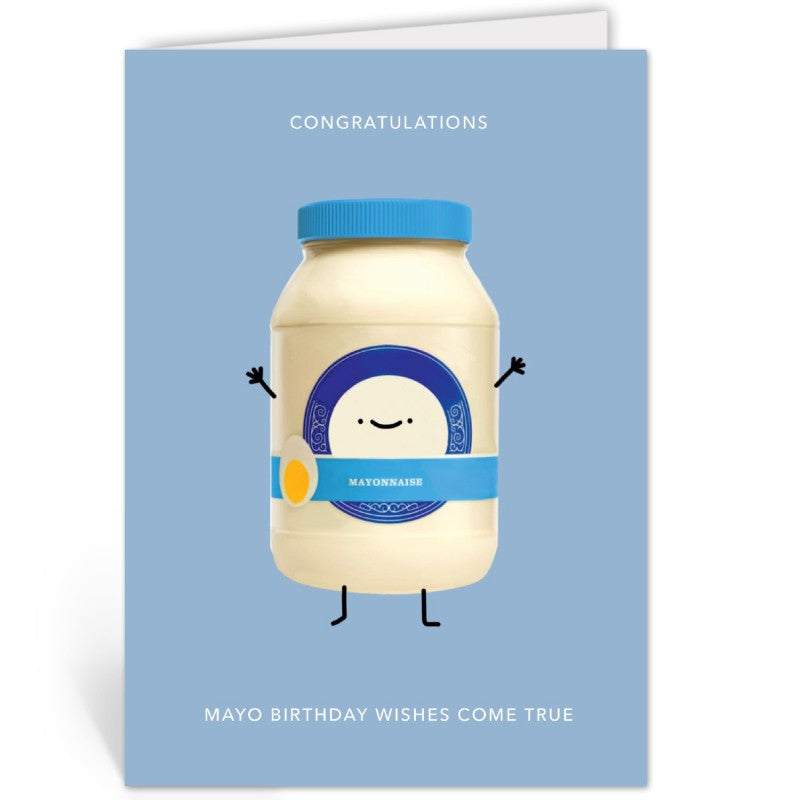 Opengeslagen verjaardagskaart met een potje mayonaise met gezichtje, tekst 'Congratulations' bovenaan en 'Mayo birthday wishes come true' onderaan.