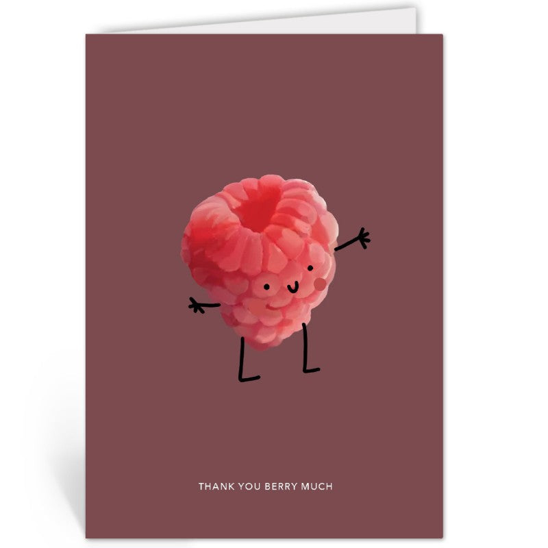 Opengeslagen bedankkaart met een frambozenfiguurtje en de tekst 'Thank you berry much' onderaan, tegen een donkerrode achtergrond.