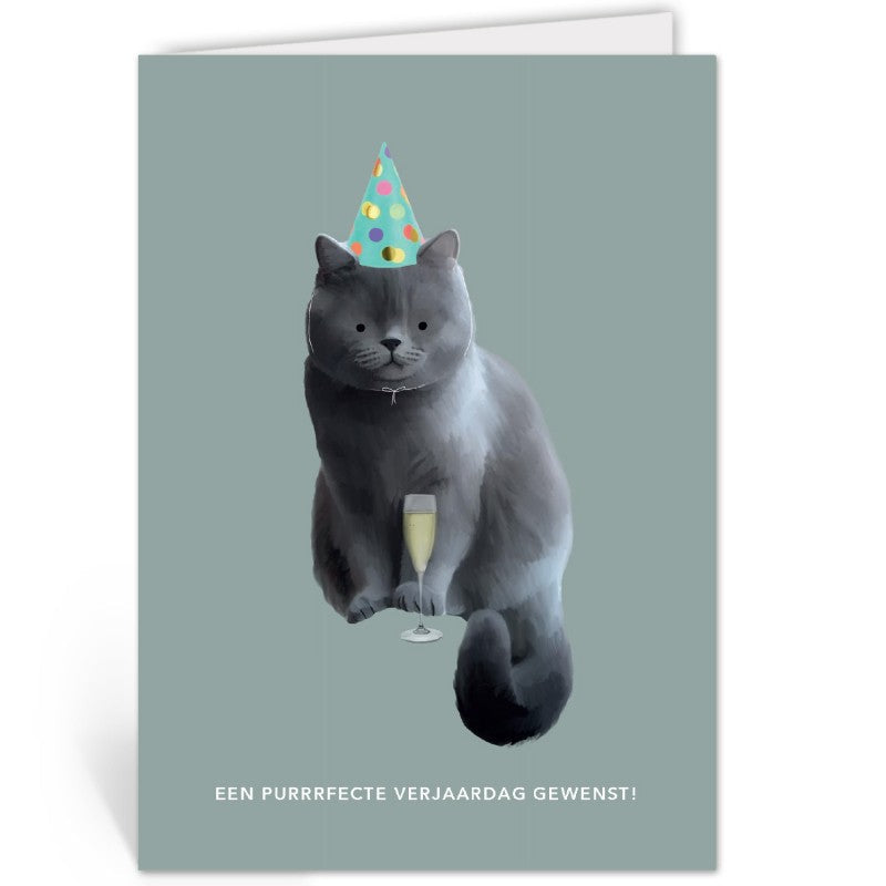 Wenskaart met een kat in feesthoedje en glas bubbels, rechtop staand geopend tegen een witte achtergrond