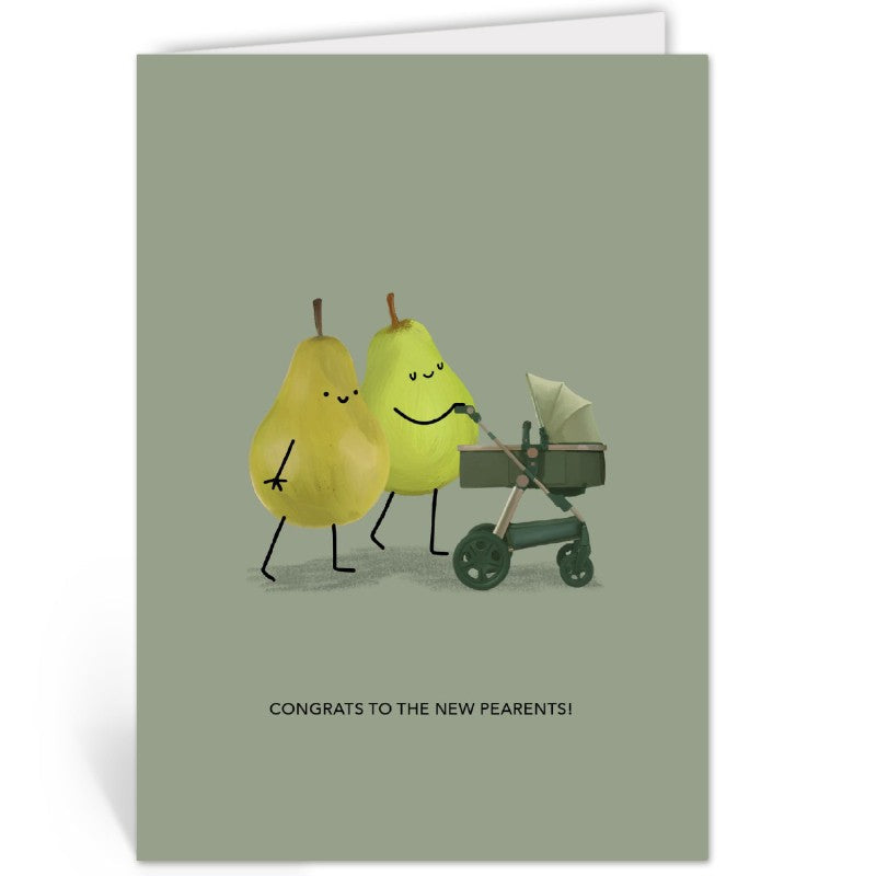 Geboortekaart van Depre Design met twee peren die een kinderwagen voortduwen en de tekst "Congrats to the new pearants" op een groene achtergrond.
