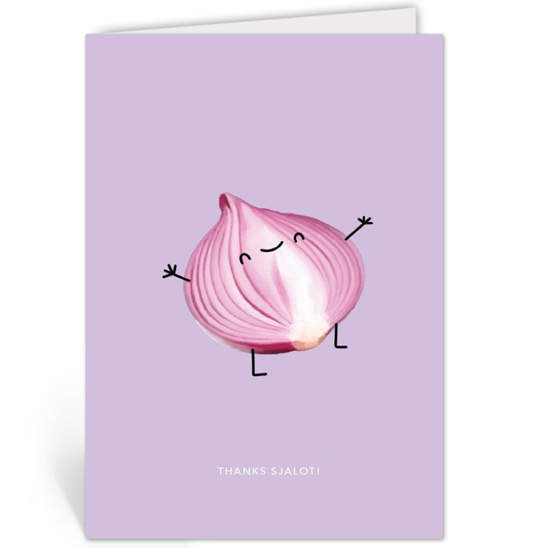 Rechtopstaande bedankkaart "Thanks Sjalot" van Depre Design met geïllustreerde halve sjalot