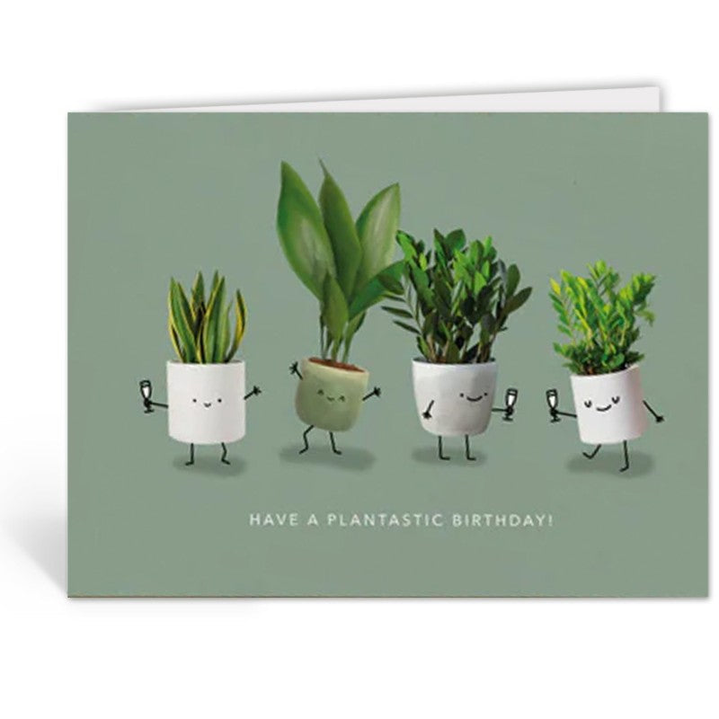 Wenskaart van Depre Design met vier geïllustreerde kamerplanten die toosten met champagneglaasjes, op een kraft envelop tegen een groene achtergrond.