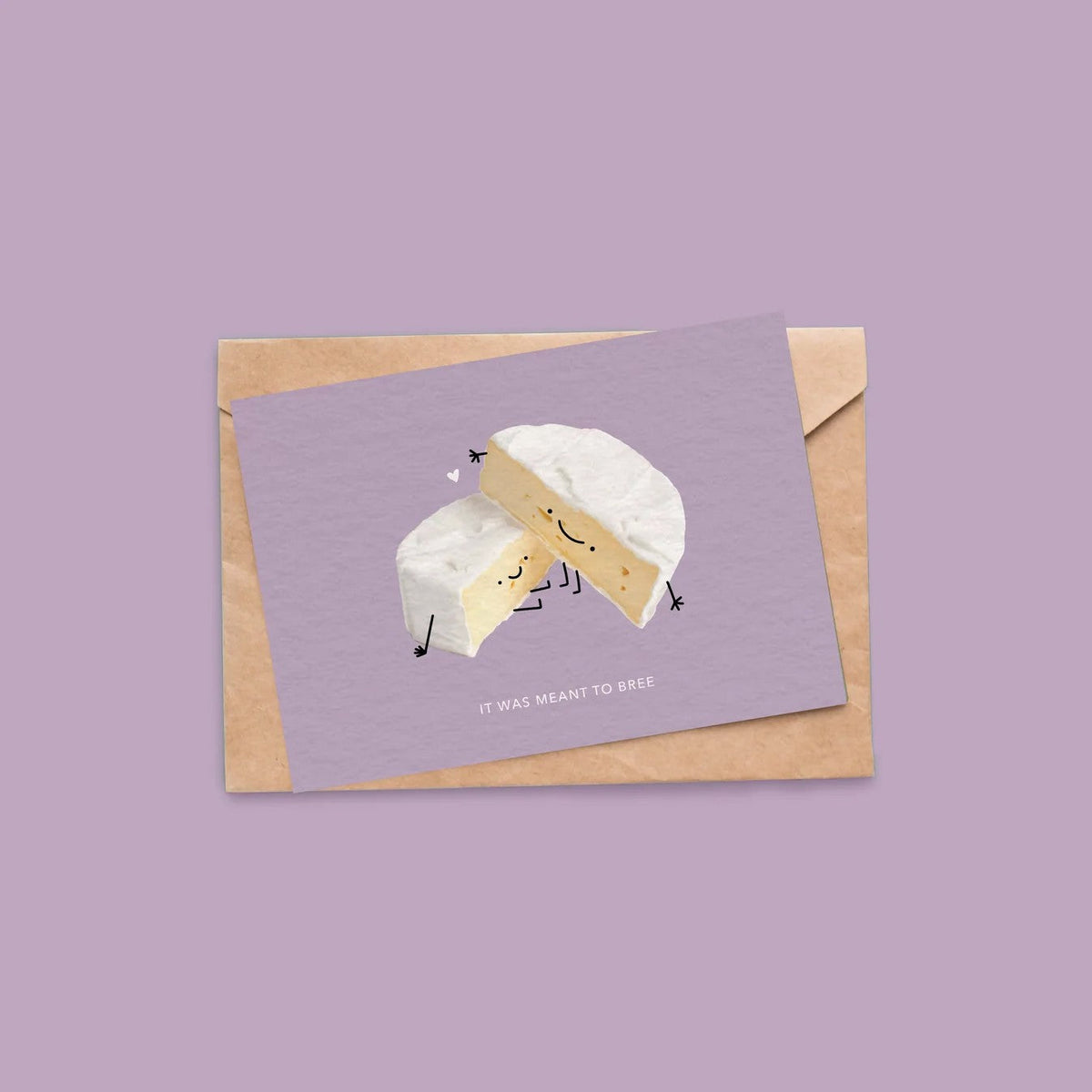 Wenskaart van Depre Design met twee omhelzende brie-wiggen en de tekst "It was meant to bree" op een lila achtergrond.