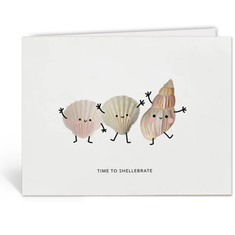 Wenskaart met drie dansende schelpfiguurtjes hand in hand, tekst Time to shellebrate, op witte achtergrond