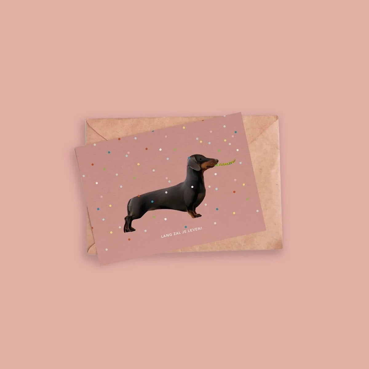 Wenskaart met een teckel met confetti-toeter tussen gekleurde stippen, tekst Lang zal je leven, op roze achtergrond