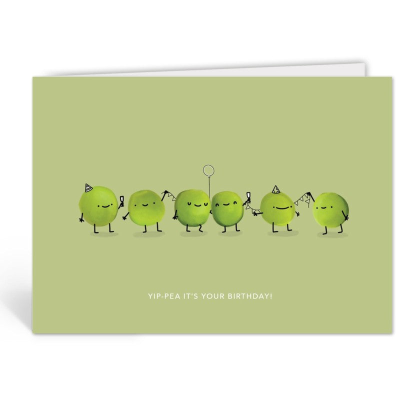 Wenskaart met zes dansende erwtjes met feesthoedjes en slingers, tekst Yip-Pea it's your birthday, Depre Design