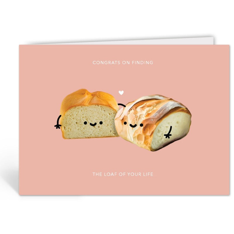 Rechtopstaande wenskaart "The Loaf Of Your Life" van Depre Design met roze voorzijde en twee broden
