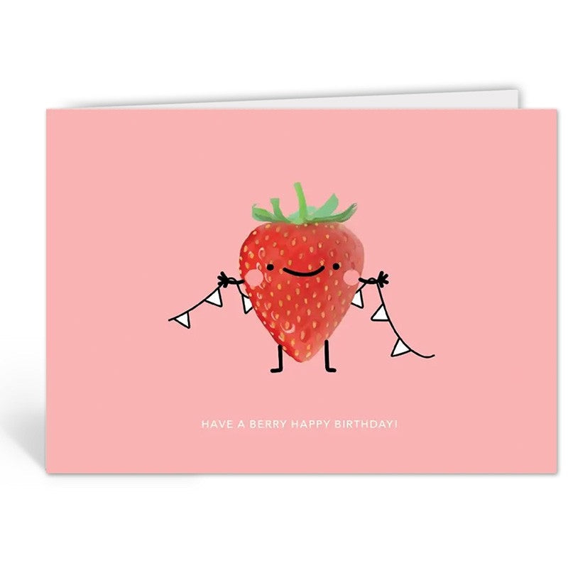 Opengevouwen wenskaart 'Have A Berry Happy Birthday' van Depre Design met de aardbei-illustratie, witte envelop op de achtergrond.