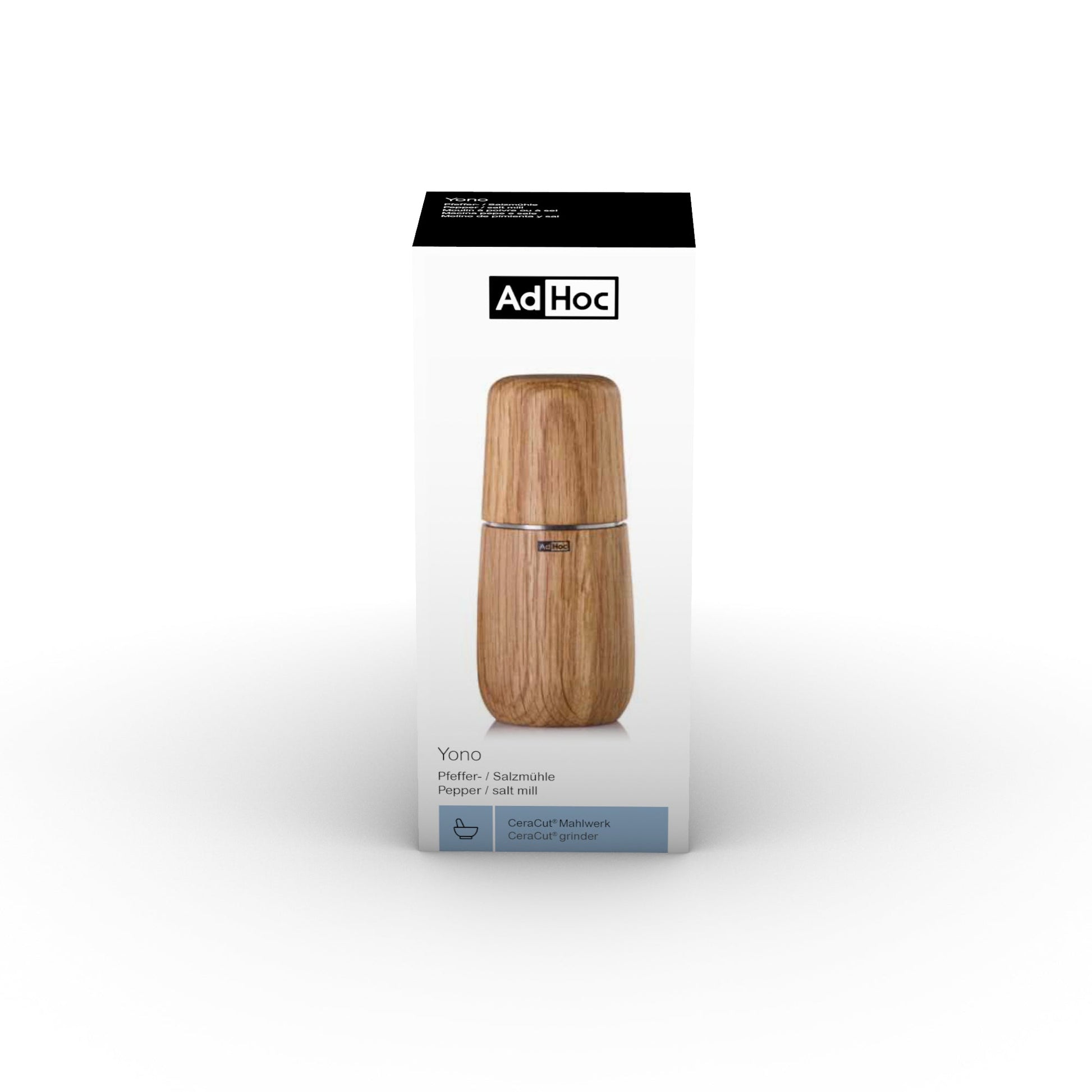 Verpakking van de AdHoc Yono peper- en zoutmolen met houten molen op de doos