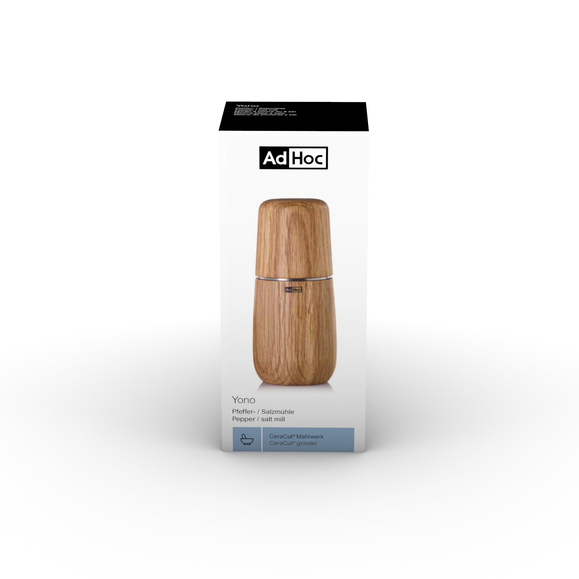Verpakking van de AdHoc Yono peper- en zoutmolen met houten molen op de doos