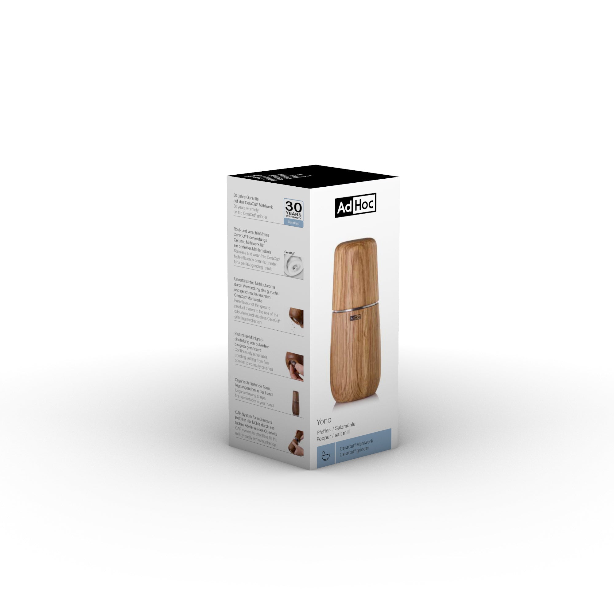 Zijkant van de AdHoc Yono verpakking met houten molen en productkenmerken in tekst en beeld