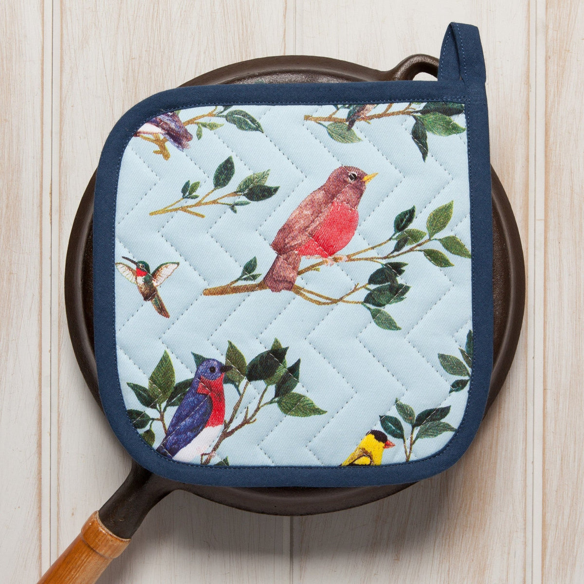Pannenlap met roodborst, kolibrie en blauwe vogel op een gietijzeren koekenpan van bovenaf